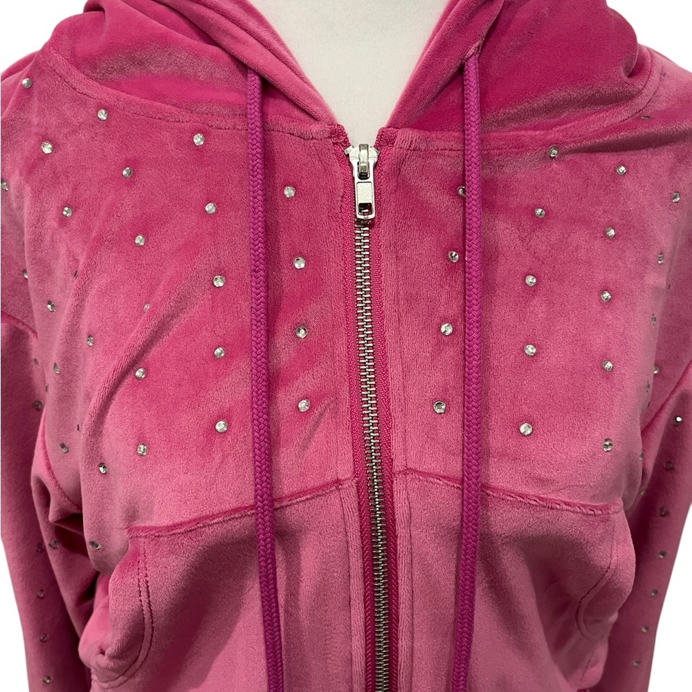Pink Velour Crystal Studded Zip-Up Hoodie Size Small - Picture 2 of 6